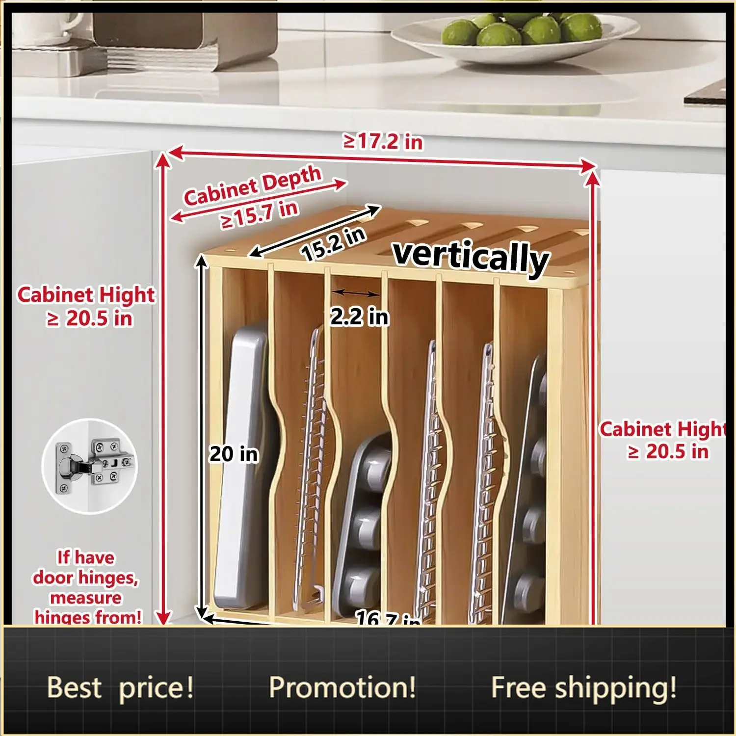 Kitchen Cabinet Baking Organizer - Wooden Tray Dividers for Cabinets, Cookie